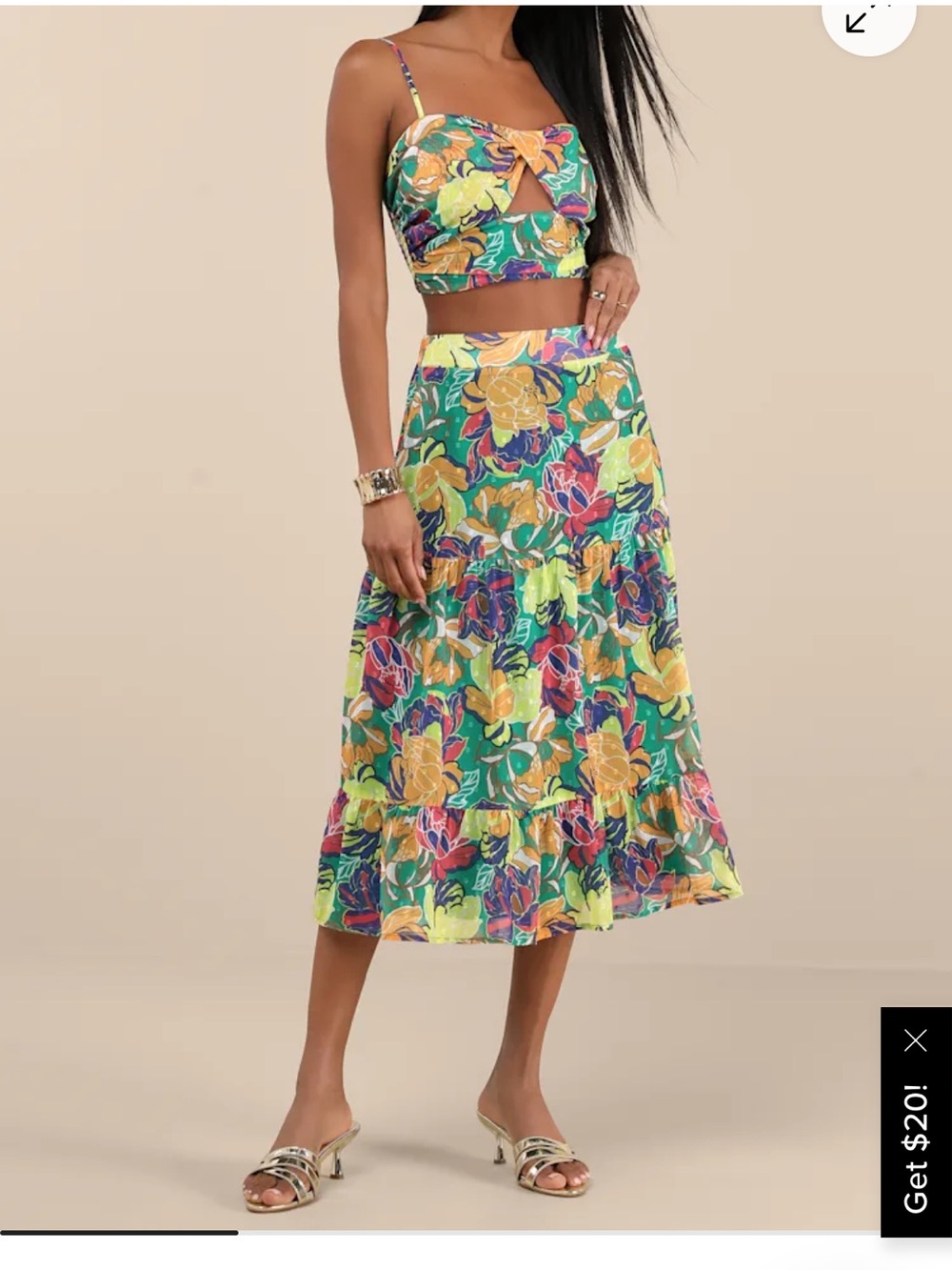 Lulu's Green Multi Floral Tiered Midi Skirt